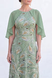 Navy A-Line Beaded Round Neck Long Mother Of the Bride Dress with Cape