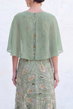 Navy A-Line Beaded Round Neck Long Mother Of the Bride Dress with Cape