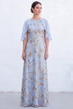 Navy A-Line Beaded Round Neck Long Mother Of the Bride Dress with Cape