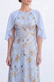 Navy A-Line Beaded Round Neck Long Mother Of the Bride Dress with Cape