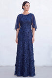 Navy A-Line Beaded Round Neck Long Mother Of the Bride Dress with Cape