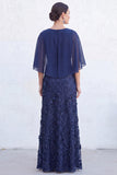 Navy A-Line Beaded Round Neck Long Mother Of the Bride Dress with Cape