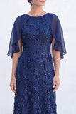 Navy A-Line Beaded Round Neck Long Mother Of the Bride Dress with Cape