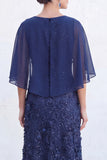 Navy A-Line Beaded Round Neck Long Mother Of the Bride Dress with Cape