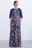 Navy A-Line Beaded Round Neck Long Mother Of the Bride Dress with Cape