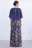 Navy A-Line Beaded Round Neck Long Mother Of the Bride Dress with Cape