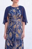 Navy A-Line Beaded Round Neck Long Mother Of the Bride Dress with Cape