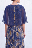 Navy A-Line Beaded Round Neck Long Mother Of the Bride Dress with Cape