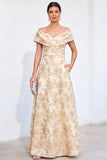 Off the Shoulder Golden Jacquard A-Line Long Mother Of the Bride Dress with Pockets