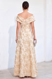 Off the Shoulder Golden Jacquard A-Line Long Mother Of the Bride Dress with Pockets