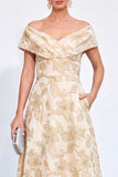Off the Shoulder Golden Jacquard A-Line Long Mother Of the Bride Dress with Pockets