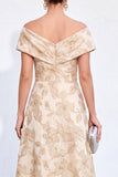 Off the Shoulder Golden Jacquard A-Line Long Mother Of the Bride Dress with Pockets