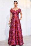 Off the Shoulder Golden Jacquard A-Line Long Mother Of the Bride Dress with Pockets