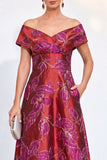 Off the Shoulder Golden Jacquard A-Line Long Mother Of the Bride Dress with Pockets