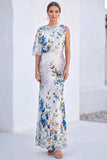 Red Flower Mermaid Asymmetrical Neck Long Mother Of the Bride Dress