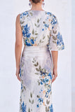 Red Flower Mermaid Asymmetrical Neck Long Mother Of the Bride Dress