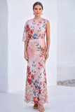 Red Flower Mermaid Asymmetrical Neck Long Mother Of the Bride Dress