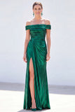 Off the Shoulder Metallic Dark Green Mermaid Long Mother Of the Bride Dress with Slit