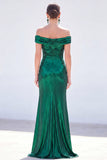 Off the Shoulder Metallic Dark Green Mermaid Long Mother Of the Bride Dress with Slit