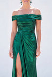 Off the Shoulder Metallic Dark Green Mermaid Long Mother Of the Bride Dress with Slit