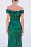 Off the Shoulder Metallic Dark Green Mermaid Long Mother Of the Bride Dress with Slit