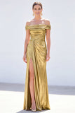 Off the Shoulder Metallic Dark Green Mermaid Long Mother Of the Bride Dress with Slit