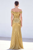 Off the Shoulder Metallic Dark Green Mermaid Long Mother Of the Bride Dress with Slit