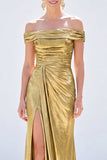 Off the Shoulder Metallic Dark Green Mermaid Long Mother Of the Bride Dress with Slit