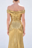 Off the Shoulder Metallic Dark Green Mermaid Long Mother Of the Bride Dress with Slit