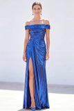Off the Shoulder Metallic Dark Green Mermaid Long Mother Of the Bride Dress with Slit