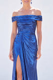 Off the Shoulder Metallic Dark Green Mermaid Long Mother Of the Bride Dress with Slit