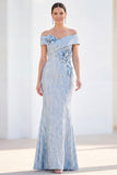 Mermaid Off the Shoulder Light Blue Long Mother Of the Bride Dress with 3D Flowers
