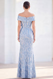 Mermaid Off the Shoulder Light Blue Long Mother Of the Bride Dress with 3D Flowers