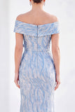Mermaid Off the Shoulder Light Blue Long Mother Of the Bride Dress with 3D Flowers