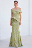 Off the Shoulder Mermaid Green Jacquard Long Mother Of the Bride Dress