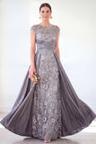 Grey A-Line Sequins Long Mother Of the Bride Dress with Cape