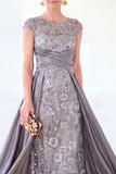 Grey A-Line Sequins Long Mother Of the Bride Dress with Cape