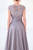 Grey A-Line Sequins Long Mother Of the Bride Dress with Cape