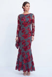 Mermaid Navy Long Sleeves Mother Of the Bride Dress with Embroidery