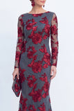 Mermaid Navy Long Sleeves Mother Of the Bride Dress with Embroidery