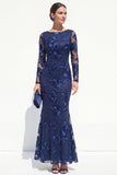 Mermaid Navy Long Sleeves Mother Of the Bride Dress with Embroidery
