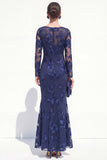 Mermaid Navy Long Sleeves Mother Of the Bride Dress with Embroidery