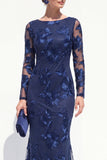 Mermaid Navy Long Sleeves Mother Of the Bride Dress with Embroidery