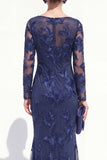 Mermaid Navy Long Sleeves Mother Of the Bride Dress with Embroidery