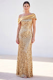One Shoulder Sparkly Golden Mermaid Long Mother Of the Bride Dress with Sequins