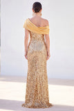 One Shoulder Sparkly Golden Mermaid Long Mother Of the Bride Dress with Sequins