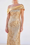 One Shoulder Sparkly Golden Mermaid Long Mother Of the Bride Dress with Sequins
