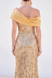 One Shoulder Sparkly Golden Mermaid Long Mother Of the Bride Dress with Sequins