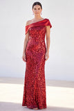 One Shoulder Sparkly Golden Mermaid Long Mother Of the Bride Dress with Sequins