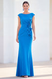 Grey Blue Mermaid Boat Neck Long Mother Of the Bride Dress with 3D Flowers